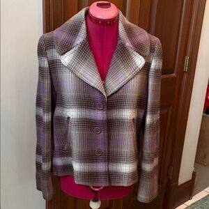 Evan Picone blazer plaid purple gray black white  long sleeve/pockets swing coat